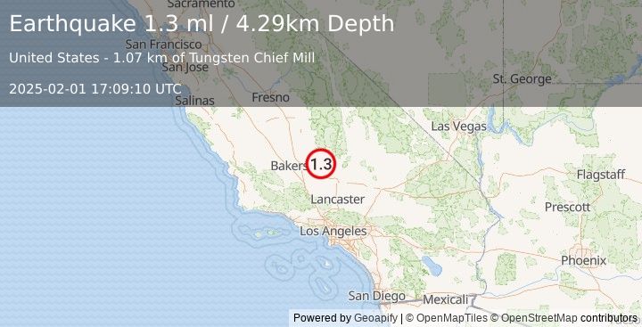 Earthquake 20 km SSW of Bodfish, CA (1.3 ml) (2025-02-01 17:09:10 UTC)