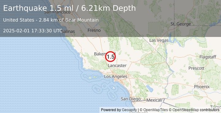 Earthquake 18 km WNW of Tehachapi, CA (1.5 ml) (2025-02-01 17:33:30 UTC)