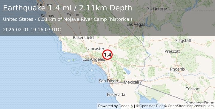 Earthquake 11 km NNW of Lake Arrowhead, CA (1.4 ml) (2025-02-01 19:16:07 UTC)