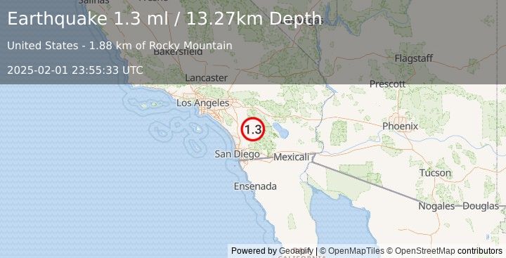 Earthquake 10 km NNW of Warner Springs, CA (1.3 ml) (2025-02-01 23:55:33 UTC)