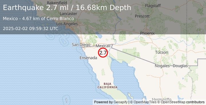 Earthquake 21 km WSW of Alberto Oviedo Mota, B.C., MX (2.6 ml) (2025-02-02 09:59:31 UTC)