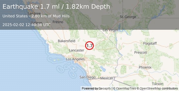 Earthquake 16 km N of Barstow, CA (1.7 ml) (2025-02-02 12:40:38 UTC)