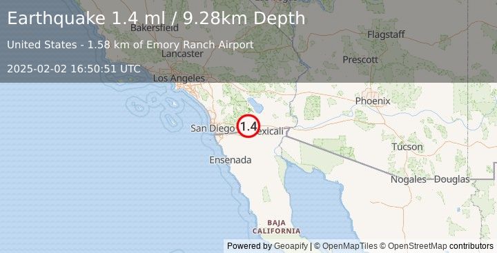 Earthquake 4 km NW of Ocotillo, CA (1.4 ml) (2025-02-02 16:50:51 UTC)