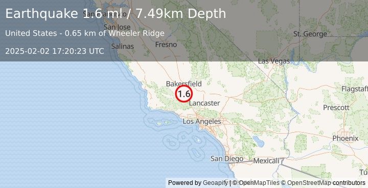 Earthquake 14 km NNW of Grapevine, CA (1.6 ml) (2025-02-02 17:20:22 UTC)