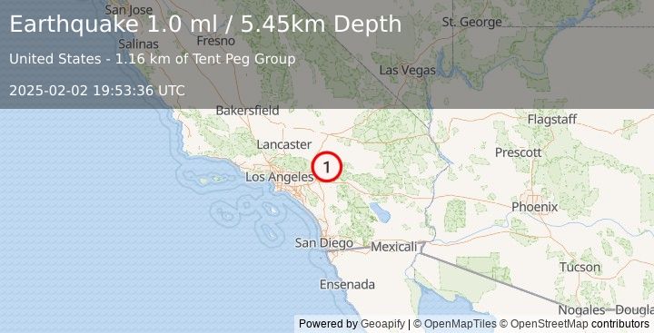 Earthquake 5 km NNE of Running Springs, CA (1.0 ml) (2025-02-02 19:53:36 UTC)