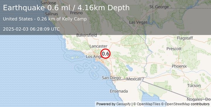 Earthquake 10 km WSW of Lytle Creek, CA (0.6 ml) (2025-02-03 06:28:09 UTC)