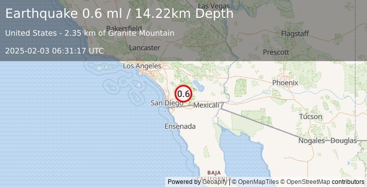 Earthquake 14 km ESE of Julian, CA (0.6 ml) (2025-02-03 06:31:17 UTC)