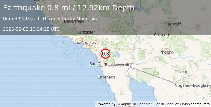 Earthquake 10 km NNW of Warner Springs, CA (0.8 ml) (2025-02-03 10:24:25 UTC)