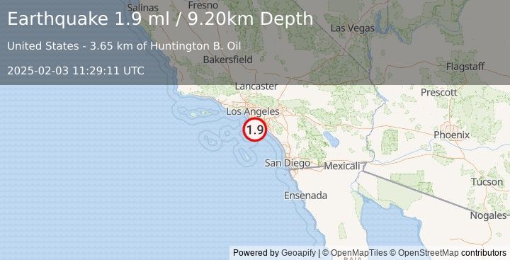 Earthquake 21 km SSW of Seal Beach, CA (1.9 ml) (2025-02-03 11:29:11 UTC)