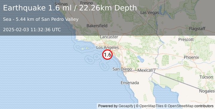 Earthquake 14 km SSE of San Pedro, CA (1.6 ml) (2025-02-03 11:32:36 UTC)