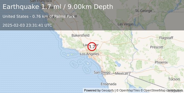 Earthquake 7 km E of Palmdale, CA (1.7 ml) (2025-02-03 23:31:41 UTC)