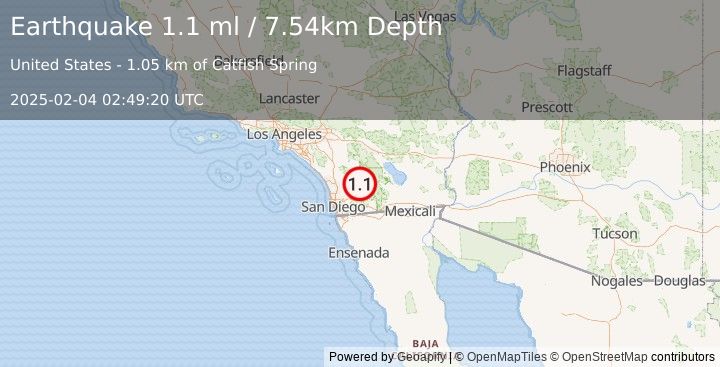 Earthquake 7 km NNE of Julian, CA (1.1 ml) (2025-02-04 02:49:20 UTC)