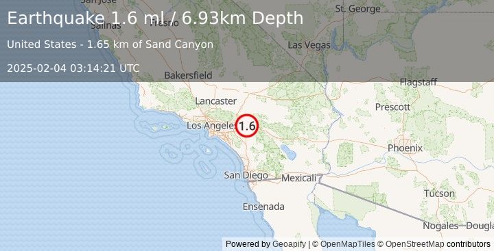 Earthquake 3 km S of Mentone, CA (1.6 ml) (2025-02-04 03:14:21 UTC)