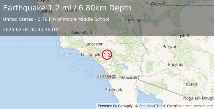 Earthquake 2 km SSW of Mentone, CA (1.2 ml) (2025-02-04 04:45:36 UTC)