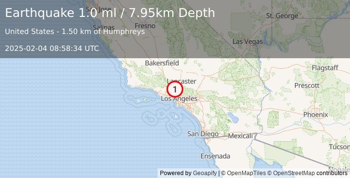 Earthquake 7 km ESE of Santa Clarita, CA (1.0 ml) (2025-02-04 08:58:34 UTC)