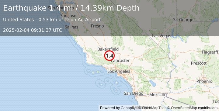 Earthquake 6 km NNE of Grapevine, CA (1.4 ml) (2025-02-04 09:31:37 UTC)