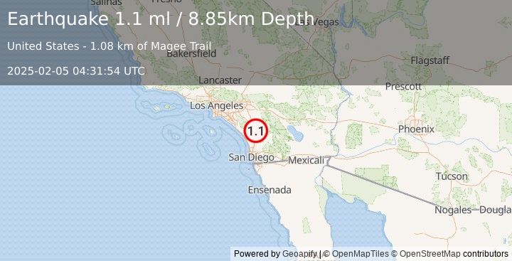 Earthquake 6 km NE of Pala, CA (1.1 ml) (2025-02-05 04:31:54 UTC)