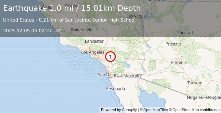 Earthquake 1 km NW of San Jacinto, CA (1.0 ml) (2025-02-05 05:02:27 UTC)