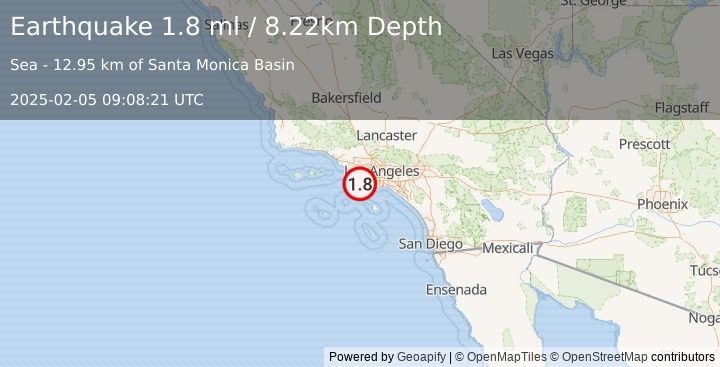 Earthquake 22 km SSE of Malibu, CA (1.8 ml) (2025-02-05 09:08:21 UTC)