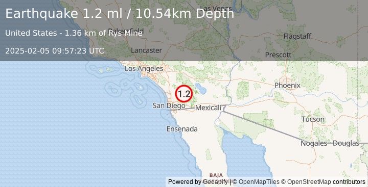 Earthquake 11 km NE of Julian, CA (1.2 ml) (2025-02-05 09:57:23 UTC)