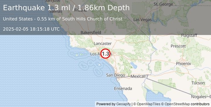 Earthquake 2 km N of West Covina, CA (1.3 ml) (2025-02-05 18:15:18 UTC)