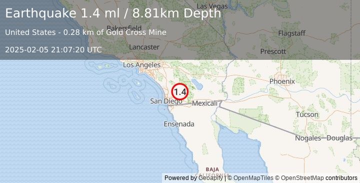 Earthquake 4 km ESE of Julian, CA (1.4 ml) (2025-02-05 21:07:20 UTC)