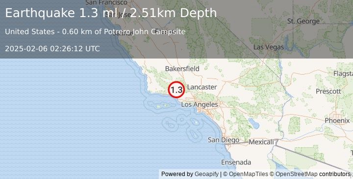 Earthquake 17 km N of Ojai, CA (1.3 ml) (2025-02-06 02:26:12 UTC)