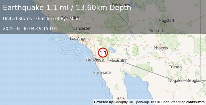 Earthquake 11 km NE of Julian, CA (1.1 ml) (2025-02-06 04:49:15 UTC)