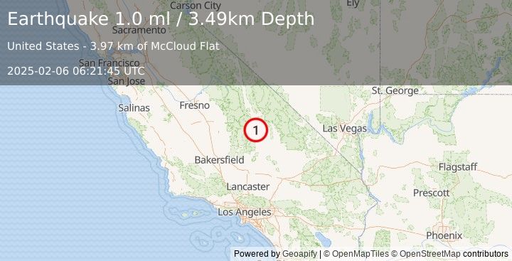 Earthquake 9 km NE of Coso Junction, CA (1.0 ml) (2025-02-06 06:21:45 UTC)