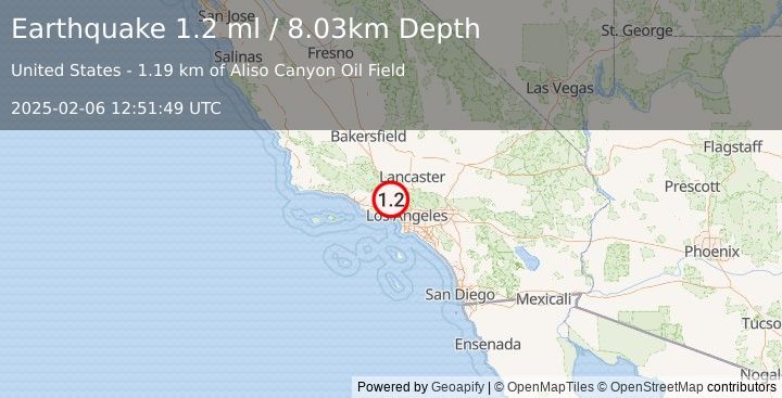 Earthquake 8 km NW of Granada Hills, CA (1.2 ml) (2025-02-06 12:51:49 UTC)