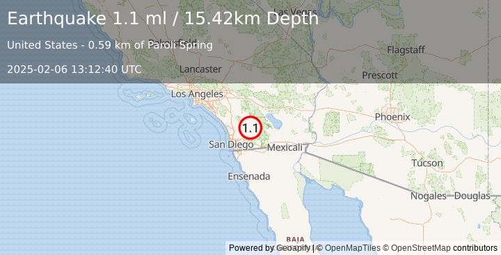 Earthquake 10 km NNE of Julian, CA (1.1 ml) (2025-02-06 13:12:40 UTC)