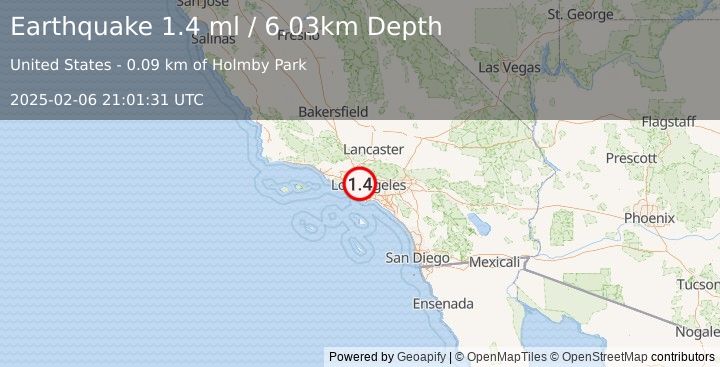 Earthquake 2 km N of Westwood, CA (1.4 ml) (2025-02-06 21:01:31 UTC)