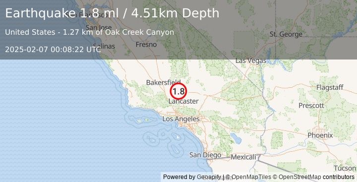 Earthquake 12 km SE of Tehachapi, CA (1.8 ml) (2025-02-07 00:08:22 UTC)