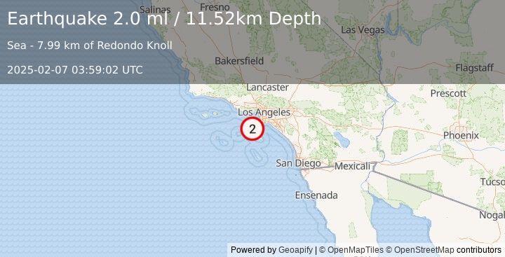 Earthquake 24 km SW of Rancho Palos Verdes, CA (2.0 ml) (2025-02-07 03:59:02 UTC)