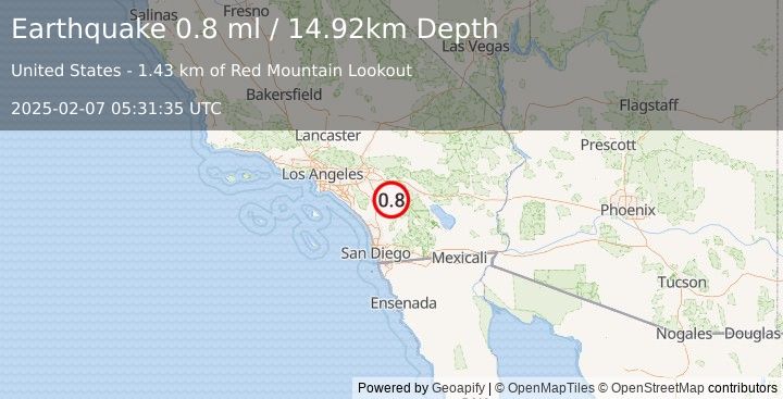 Earthquake 15 km SSE of Valle Vista, CA (0.8 ml) (2025-02-07 05:31:35 UTC)