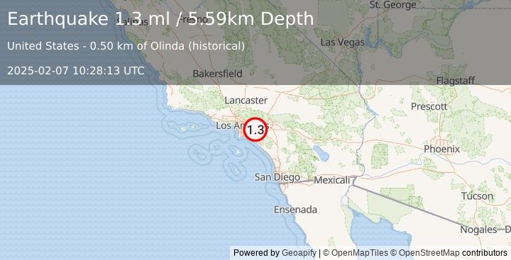 Earthquake 5 km NNW of Yorba Linda, CA (1.3 ml) (2025-02-07 10:28:13 UTC)