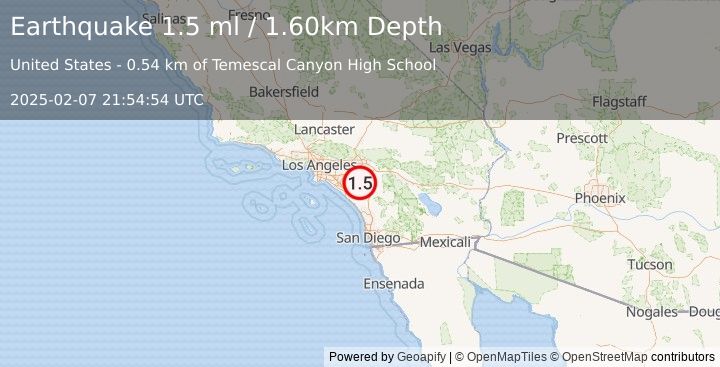 Earthquake 5 km NNW of Lake Elsinore, CA (1.5 ml) (2025-02-07 21:54:54 UTC)