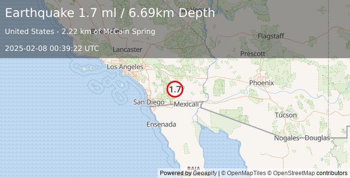 Earthquake 10 km SSW of Salton City, CA (1.7 ml) (2025-02-08 00:39:22 UTC)