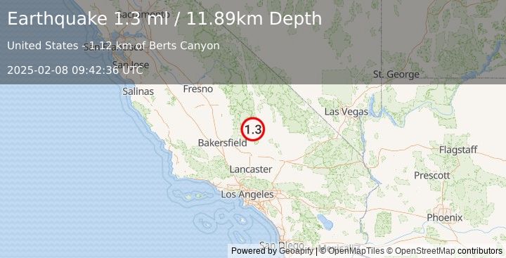 Earthquake 24 km WNW of Inyokern, CA (1.3 ml) (2025-02-08 09:42:36 UTC)