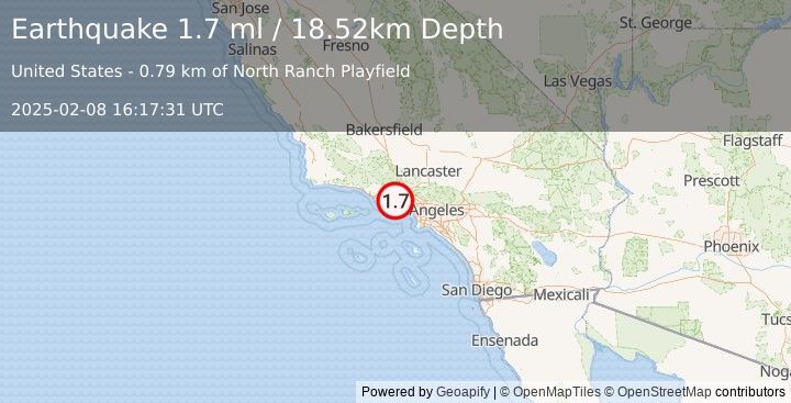 Earthquake 3 km WNW of Oak Park, CA (1.7 ml) (2025-02-08 16:17:31 UTC)