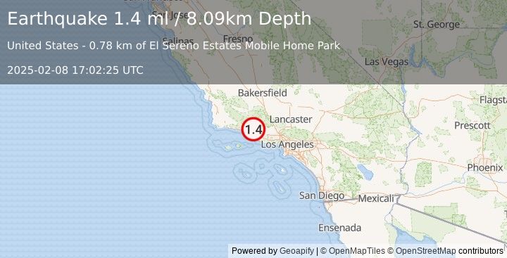 Earthquake 5 km W of Ojai, CA (1.4 ml) (2025-02-08 17:02:25 UTC)