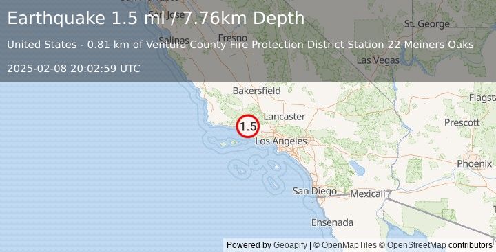 Earthquake 5 km W of Ojai, CA (1.5 ml) (2025-02-08 20:02:59 UTC)