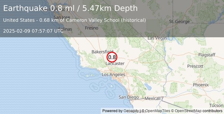 Earthquake 12 km SE of Tehachapi, CA (0.8 ml) (2025-02-09 07:57:07 UTC)