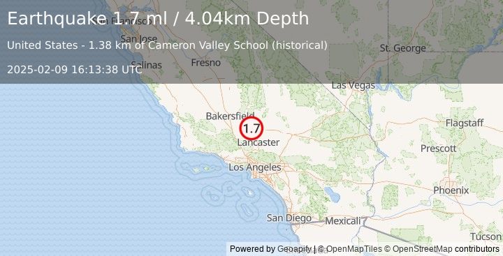 Earthquake 12 km SE of Tehachapi, CA (1.7 ml) (2025-02-09 16:13:38 UTC)