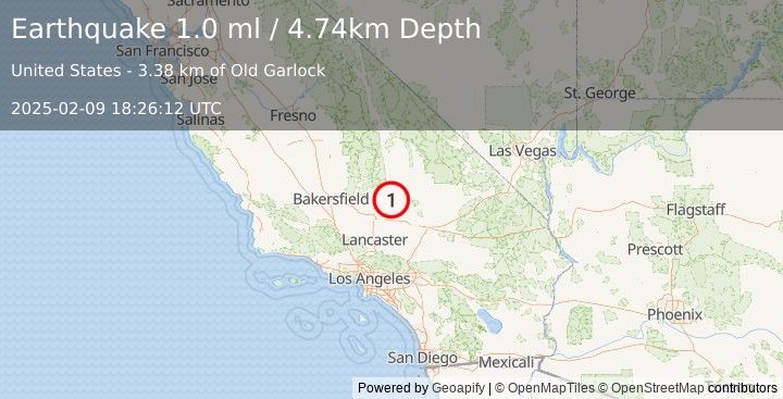 Earthquake 16 km WSW of Johannesburg, CA (0.9 ml) (2025-02-09 18:26:13 UTC)