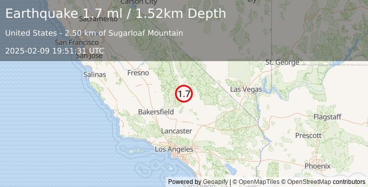 Earthquake 12 km NE of Little Lake, CA (1.7 ml) (2025-02-09 19:51:31 UTC)