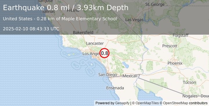 Earthquake 2 km NNW of Bloomington, CA (0.8 ml) (2025-02-10 08:43:33 UTC)