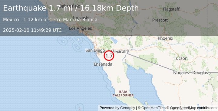 Earthquake 37 km SE of Campo, CA (1.7 ml) (2025-02-10 11:49:29 UTC)