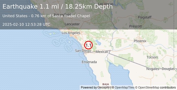 Earthquake 9 km NW of Julian, CA (1.1 ml) (2025-02-10 12:53:28 UTC)