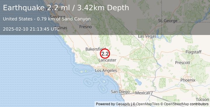 Earthquake 13 km ESE of Tehachapi, CA (2.2 ml) (2025-02-10 21:13:45 UTC)